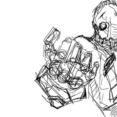 black and white, abstract machinery post apocalyptic illustration