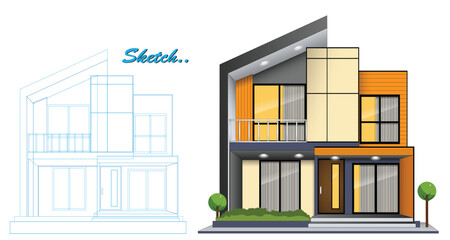 Template of Modern Minimalist House Design with Blueprint Sketch