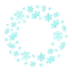 Circle frame with big and small cartoon snowflakes. Watercolor background template for cards, plates or shopping bags. Decorative winter border with empty place for text in center