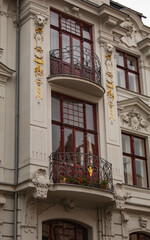 old balconies of Czech houses, on a quiet street, in the morning