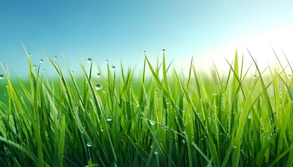 Fototapeta premium Dew-laden grass, vivid close-up, morning light, outdoor setting, 3D illustration.