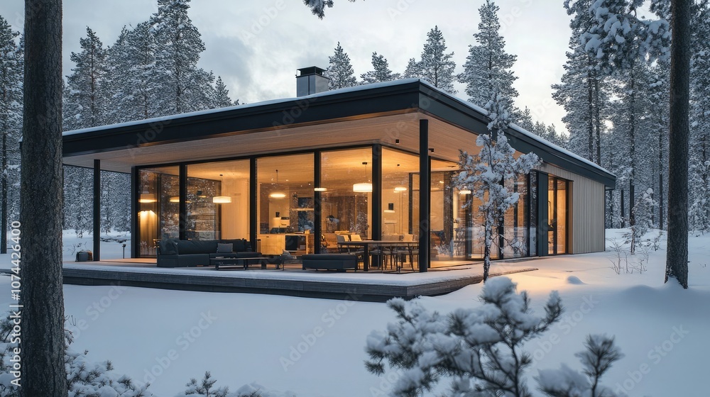 Poster a modern home with large windows sits nestled in a snowy forest. the warm glow from inside creates a