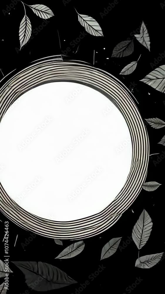 Poster a circular frame with a black and white pattern is surrounded by leaves on a black background