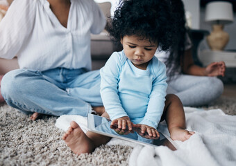 Mom, baby and tablet with siblings for bonding, development and streaming together with cartoon. Mother, toddler and little girl with online games in home for support, growth and family with video