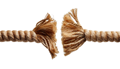 Frayed ends of rope symbolizing tension and impending breakage in industry and work. transparent