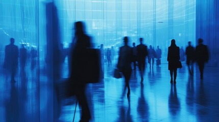 Silhouettes of people walking through a modern building, creating a sense of movement and anonymity.