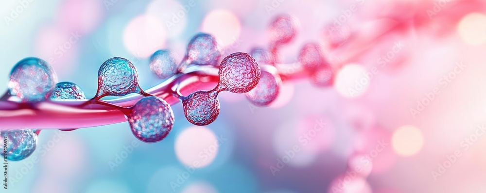 Poster colorful abstract molecular structure with vibrant bubbles on a soft background.