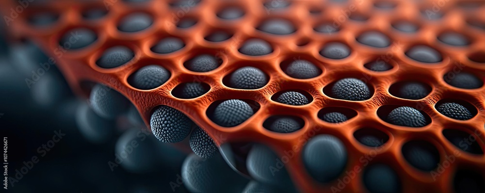Poster close-up of a textured surface with orange patterns and circular indentations.
