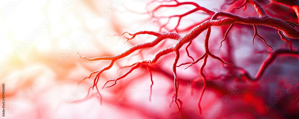 Poster close-up of intricate red vascular structures on a blurred background.