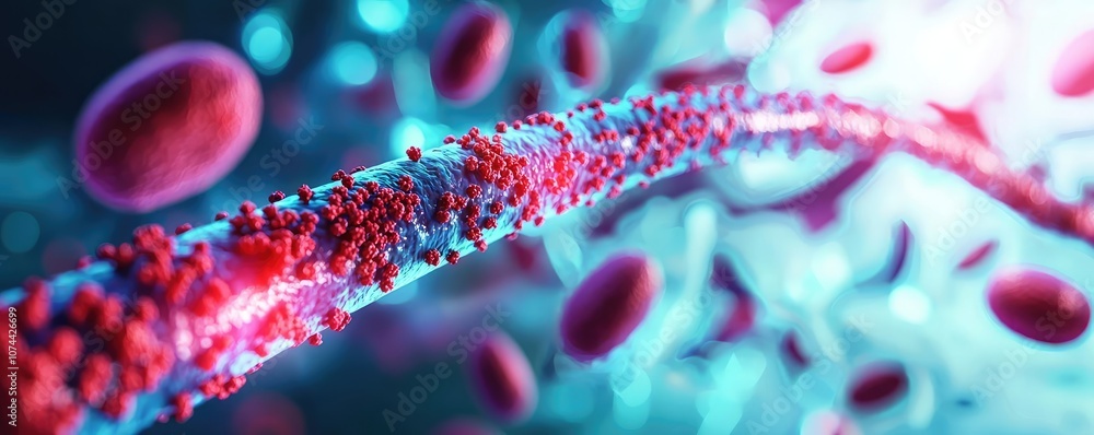 Poster detailed view of a cellular structure with vibrant colors on a dark background.