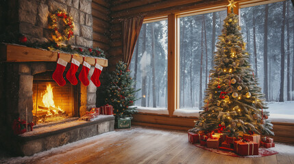Fototapeta premium Cozy Christmas Living Room with Decorated Tree and Fireplace in a Rustic Cabin Overlooking Snowy Forest