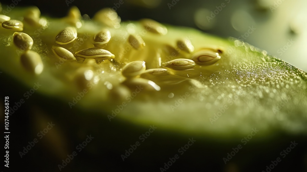 Poster a close-up shot of a cucumber slice, revealing its seeds and the intricate texture of its skin.