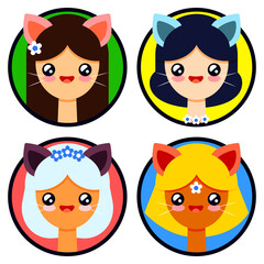 Four characters. Girls with ears. Different hairstyles on girls. Stickers. Cute hero in a suit.