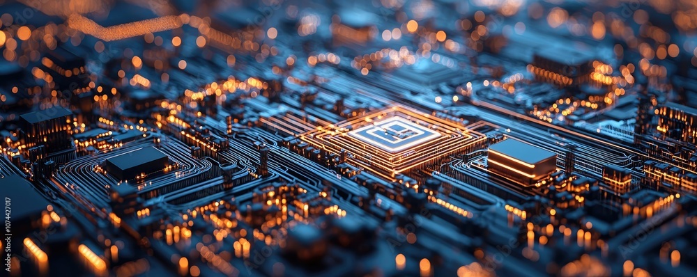 Poster close-up of a circuit board with glowing components on a dark background.