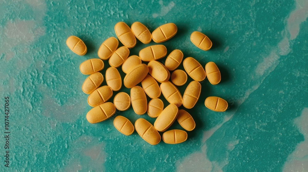 Poster a close-up shot of a cluster of yellow pills on a teal surface. the pills are scattered randomly, cr