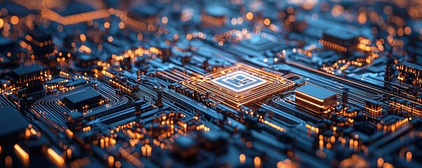 Close-up of a circuit board with glowing components on a dark background.