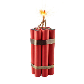 A dynamite stick with a lit fuse, symbolizing danger and explosive situations. transparent