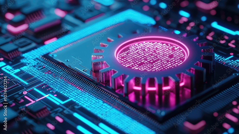 Poster abstract close-up of a vibrant microchip on a circuit board.