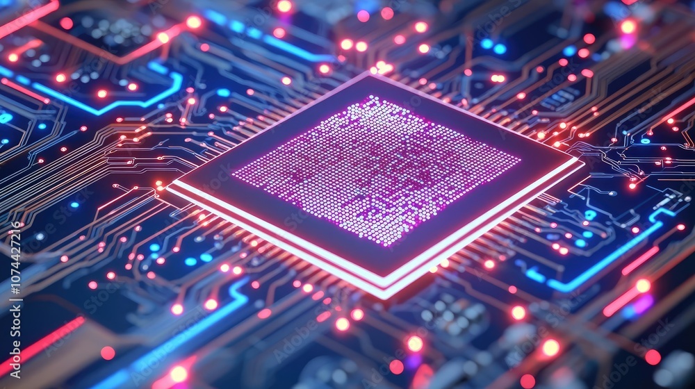 Poster close-up of a computer chip with colorful circuitry, high-tech and futuristic.