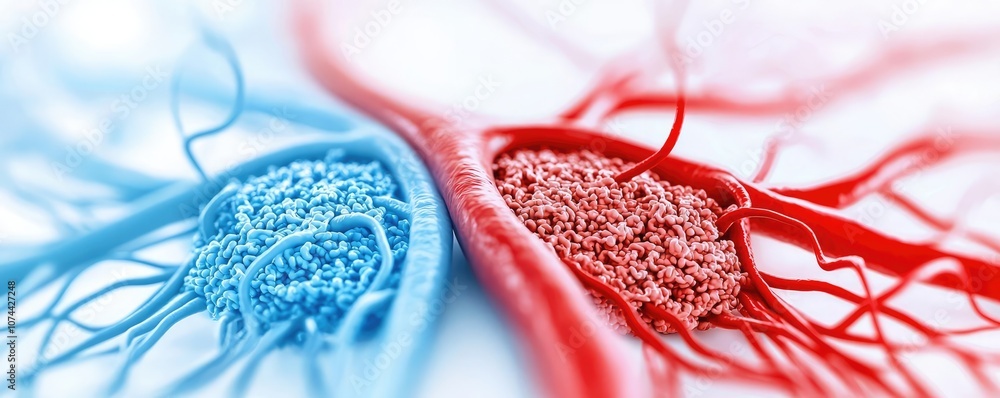 Poster red and blue abstract representation of interconnected biological structures.
