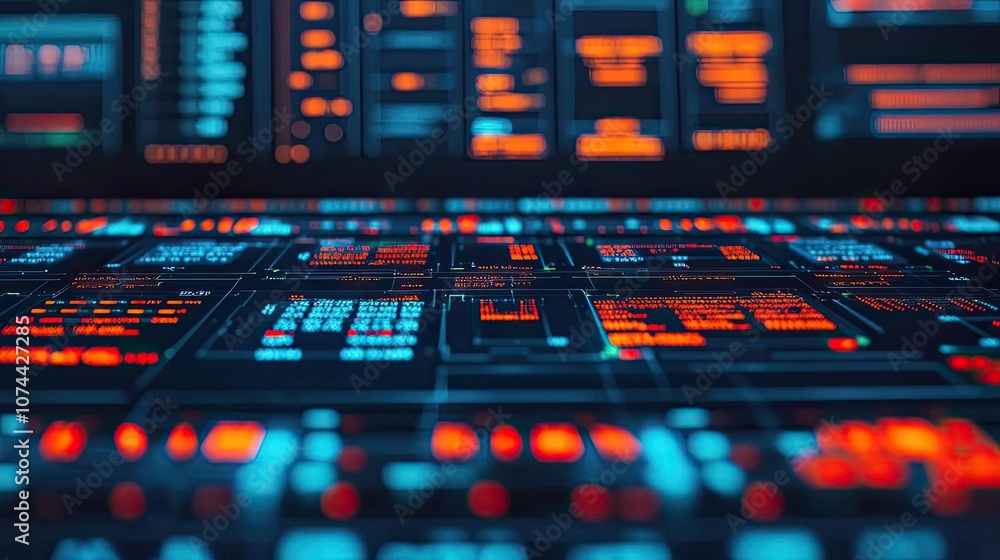 Poster futuristic interface showcasing glowing buttons and circuits, dark background.