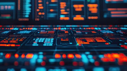 Obraz premium Futuristic interface showcasing glowing buttons and circuits, dark background.