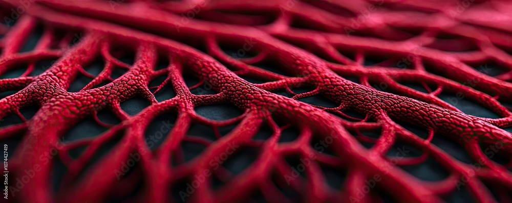 Poster close-up of intricate red veins, showcasing unique textures and patterns.