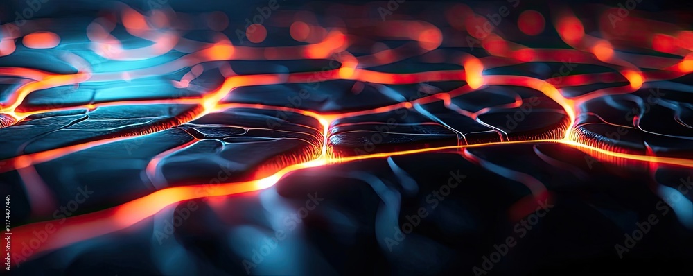 Poster abstract digital landscape with glowing lines and intricate patterns, dark background.