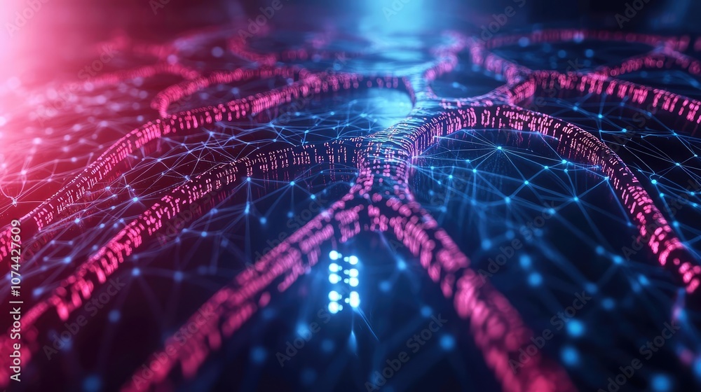 Poster abstract digital network with vibrant colors and structures, isolating background.
