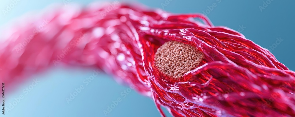 Poster close-up view of red cellular structure on a blue background.