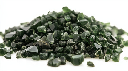 Pile of Raw Dark Green Tourmaline Crystals on White Background