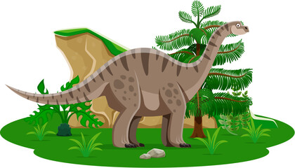 Vulcanodon prehistoric dinosaur character. Cartoon vector brown quadrupedal sauropod dino. Ancient herbivore reptile animal standing among ferns and rocks in the Early Jurassic period environment © Vector Tradition