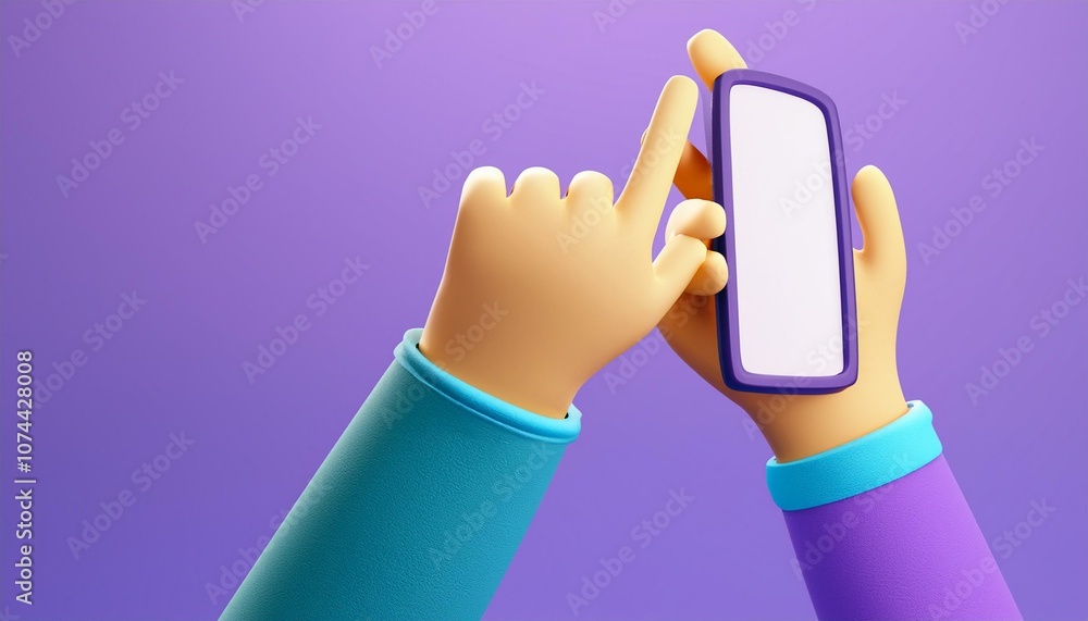 Poster 3d hand holding a mobile phone. cartoon character index finger in realistic style isolated on purple
