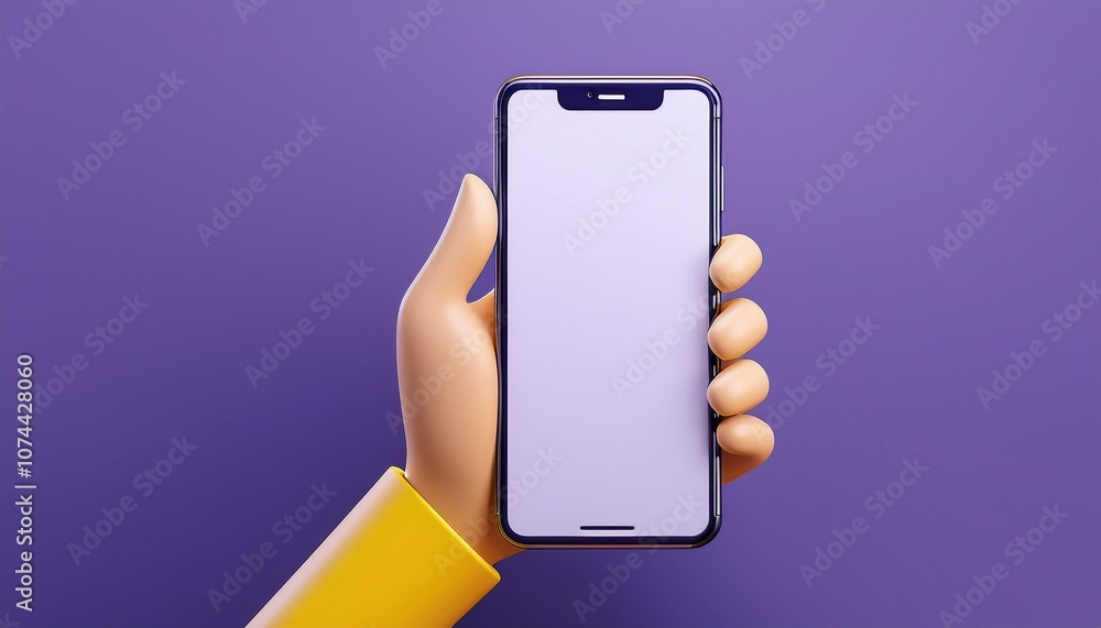 Poster 3d hand holding a mobile phone. cartoon character index finger in realistic style isolated on purple
