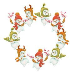 Circle frame or border with funny dancing snowmen. Watercolor background template for cards, plates, shopping bags. Decorative winter composition with place for text in center for holiday designs