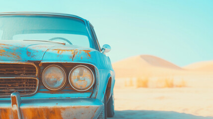 Rusty Classic Convertible Car in Bright Desert with Sand Dunes