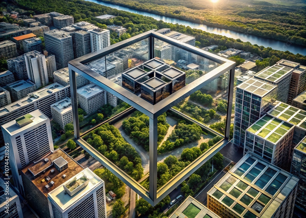 Poster aerial photography of an isolated cube within a cube showcasing innovative architecture and structur