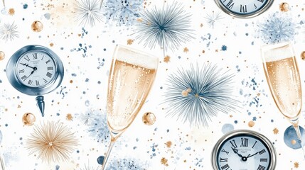 Watercolor illustration of champagne glasses, clocks, and confetti. Perfect for New Year's Eve, celebration, or party invitations.