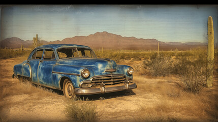 Abandoned Vintage Blue Car in Desert Landscape with Cactus and Mountains