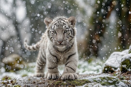 A young white tiger cub walking in a snowy forest, surrounded by gently falling snowflakes, creating a serene winter scene.. - Powered by Adobe