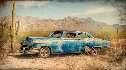Rusted Classic Blue Car Abandoned in Desert Near Mountains and Cactus