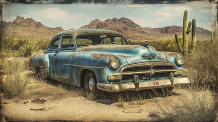 Abandoned Rusty Classic Car in Desert with Cactus &ndash; Vintage Americana Landscape Scene