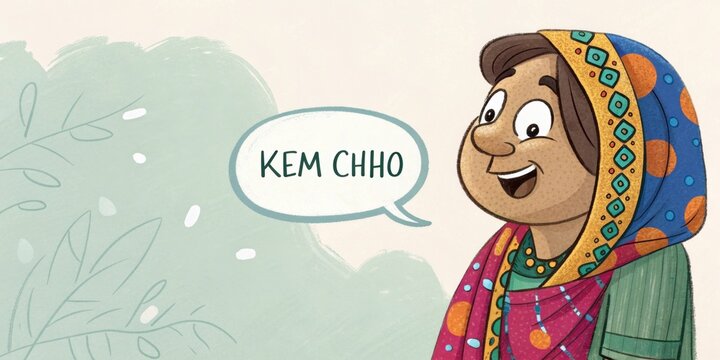 Indian woman in traditional clothing greets with kem chho against a natural background