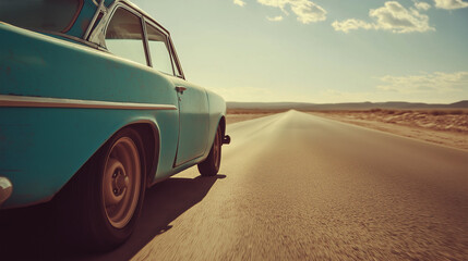 Vintage Blue Car Driving on Desert Road at Sunset &ndash; Classic Travel Adventure Scene