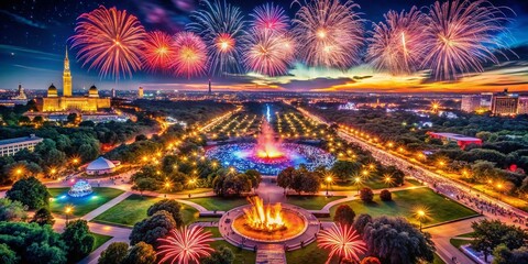 Aerial Photography Showcasing Stunning Fireworks Displays Over American Landmarks on Fourth of July Celebrations, Capturing the Spirit of Independence Day in Vibrant Colors and Patterns