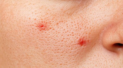 Fototapeta premium Close-up of skin with red spots and warmth, indicating dermatitis, inflamed texture with visible irritation, medical focus on skin disease