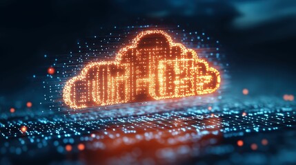 Abstract digital cloud icon glowing with orange lights over a vibrant background of blue data points in a technology-themed concept showcasing connectivity