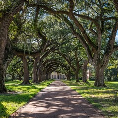 Fototapeta premium Tree Lined Pathway Leading to the Main Building of a Historic University Campus