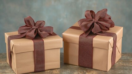 Obraz premium Beautifully wrapped Christmas gift boxes with shiny ribbons and elegant bows resting on a rustic wooden table Festive holiday in warm cozy atmosphere