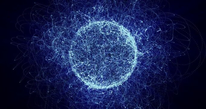 Abstract sphere spinning and glowing with rays on a gradient background.